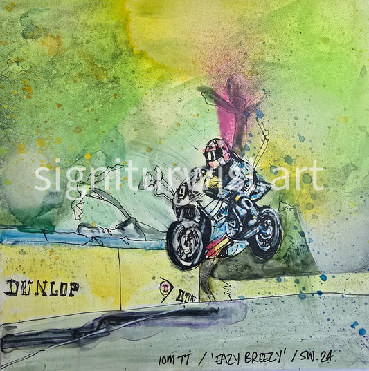 Eazy Breezy – mixed media illustration of an IOM TT motorcycle racer, ink, watercolour and acrylic spray paint by Signitur Wisl® Art & Illustration