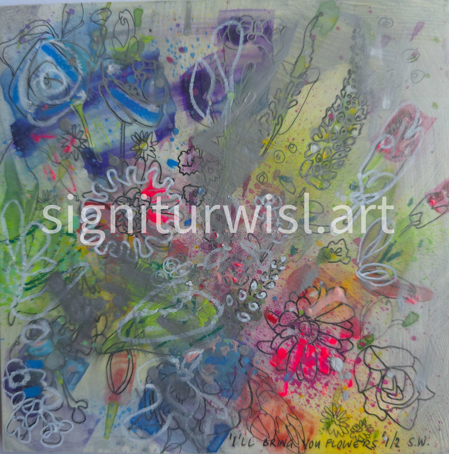 I'll Bring You Flowers – mixed media floral illustration with ink, watercolour and acrylic spray paint by Signitur Wisl® Art & Illustration
